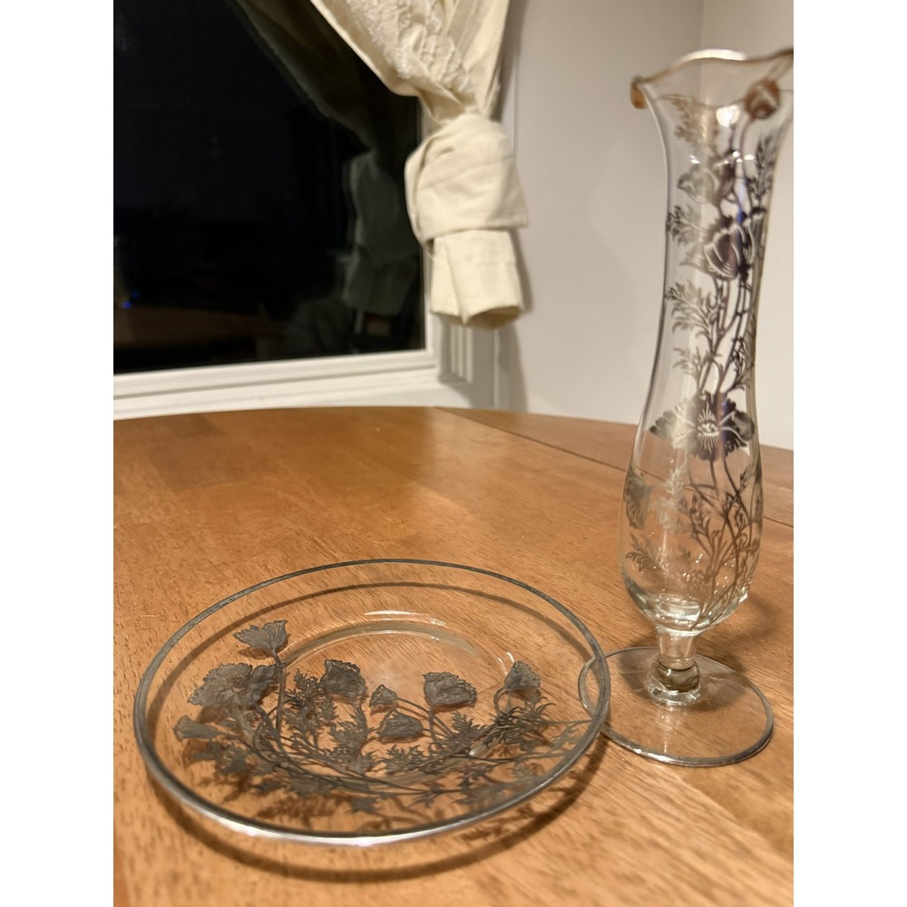 Vintage Silver City Flanders Sterling Silver Overlay Poppy Vase and Plate Set
